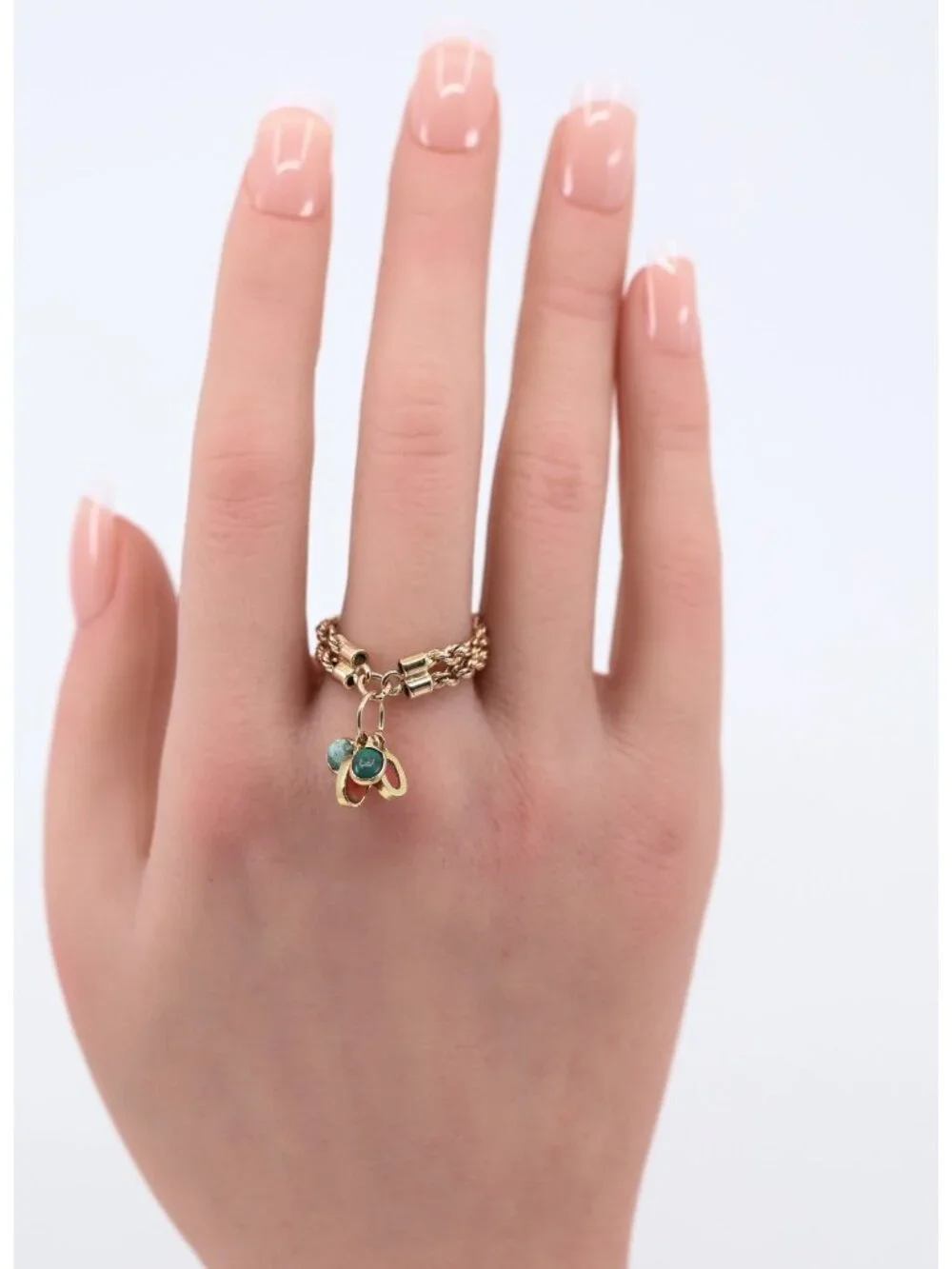 18K Solid Yellow Gold Coral & Turquoise Dangle Double Rope Chain Ring -Size 9.50